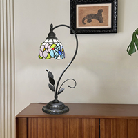   Lampe de table en verre teinté style Art Déco, motif floral colibri, veilleuse de chevet, base en métal bronze antique