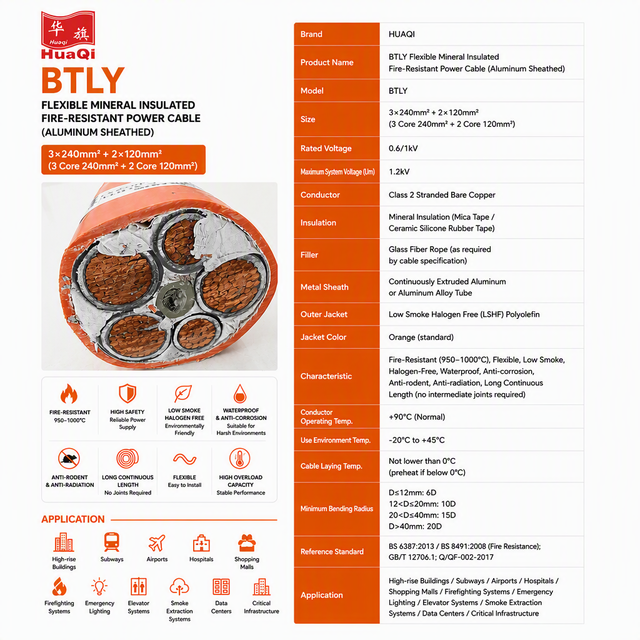 BTLY  Fireproof Power Cable Mineral Insulated Aluminum Sheathed 0.6/1kV for Fire Alarm & Emergency Systems Al Sheath BS6387