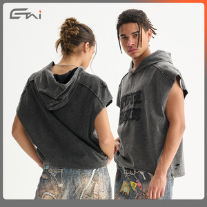 Gilet sans manches à capuche pour homme ETAI, noir, en coton, coupe ample, effet vieilli, loisirs, ourlet droit avec étiquette - Product Image 5