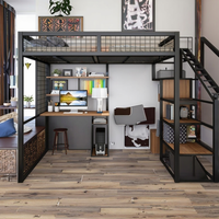 Lit superposé double moderne avec bureau intégré, design en acier métallique pour chambre d'étudiant, dortoir, style panneau en bois, adultes