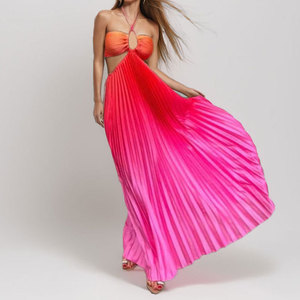 Vestido Largo de Verano para Mujer, Estilo Europeo y Americano, con Cuello Halter, Color Degradado, Plisado, Moderno, para Vacaciones en la Playa - Product Image 3