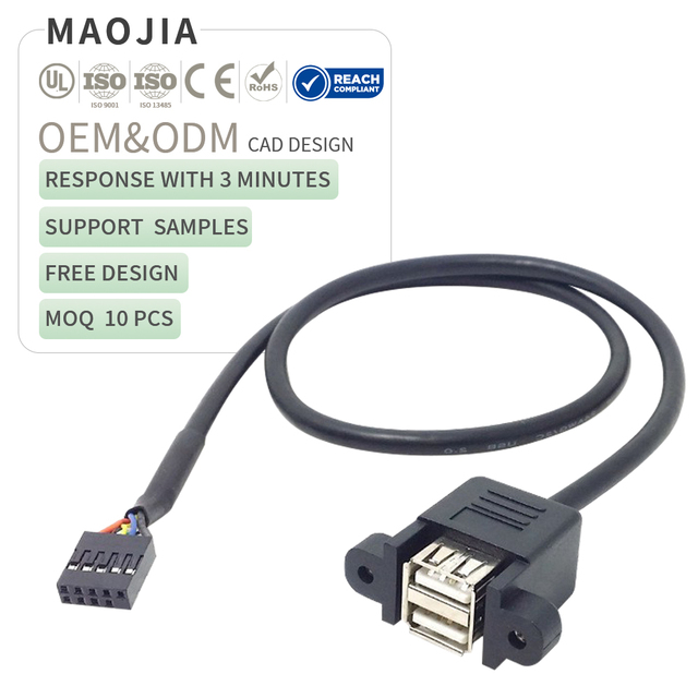 Dual USB 2.0 Panel Mount Type a Female to Dupont 9 Pin Computer Pc Case Assemble Cable With Screw Holes 0.3M/0.5M Black