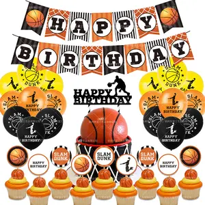 Décoration de fête à thème de basket-ball bannière d'anniversaire de basket-ball bébé anniversaire gâteau insérer carte ballon ensemble