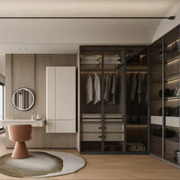 Armoire de chambre contemporaine autoportante convertible avec bureau d'angle intégré, meuble de rangement sur mesure en verre