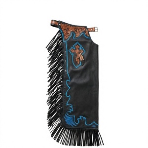 Pantalones de cuero estilo western con bordado de cruz, costuras azules y flecos, de longitud completa, unisex, para equitación. - Product Image 1