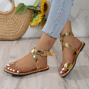 Sandalias Planas Doradas Metálicas para Mujer, Sandalias de Verano con Correa en el Tobillo, Sandalias Casuales para Uso Diario al Aire Libre - Product Image 6