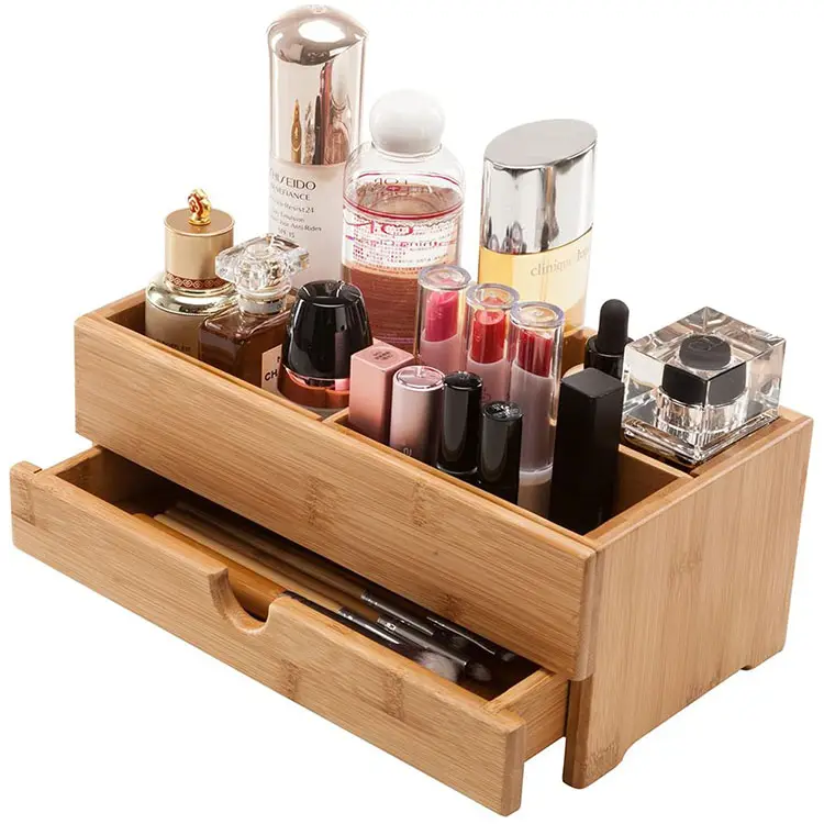 Custom bamboo wood Natural color bathroom desk cosmetic wooden desktop wood box