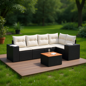 Set divano moderno da esterno in rattan con cuscini color crema impermeabili per arredamento da giardino e patio - Product Image 2
