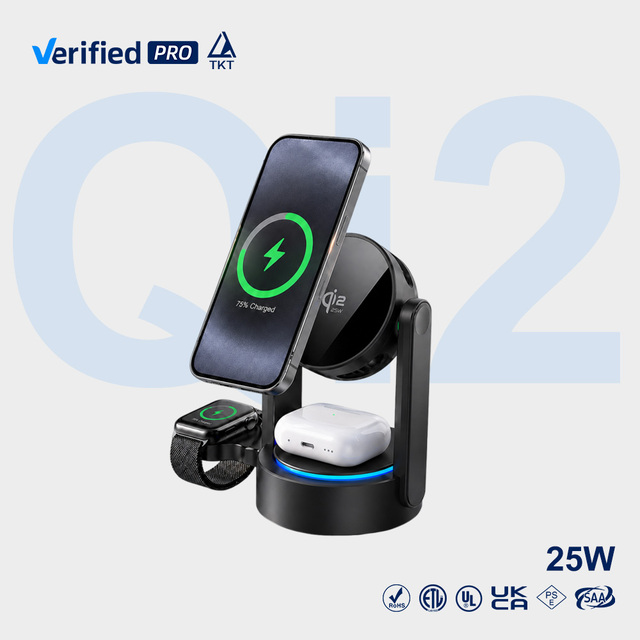 TKT 3 in 1 Wireless Charger 25W Station RGB Night Light Multi-function Air-cooled Heat Dissipation Desktop Qi2 Charger Station