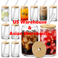 Entrepôt États-Unis Verres à Bière et Café Glacé de 16oz 18oz, Tasses en Verre Borosilicate en Forme de Canette avec Couvercle en Bambou et Paille en Verre
