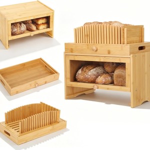 Boîte de rangement pour pain en bambou avec tiroir et étagère pour une utilisation sur le plan de travail de la cuisine - Product Image 1