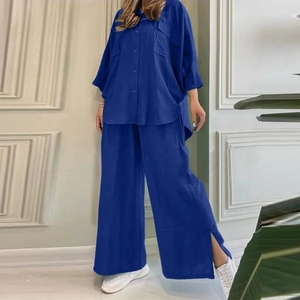 Ensemble deux pièces printemps 2026 pour femme : pantalon large et chemise assortie, idéal pour un <span class=keywords><strong>style</strong></span> décontracté, couleur unie tendance - Product Image 3