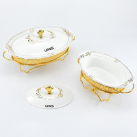 Plat de Présentation Chauffant Ovale en Céramique 1.0/1.5/2.0L Luxe et Or Couronne – Set Chauffe-Plat