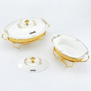 เซรามิกส์รูปไข่จาน Chafing 1.0/1.5/2.0L หรูหรามงกุฎทองชุดอุ่นอาหาร - Product Image 2