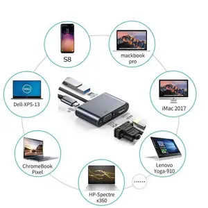 Adaptador Usb C 4 en 1 Hub Tipo C Puerto de pantalla Adaptador divisor Soporte Hdmi 4K 60Hz Vga PD Usb3.0 Hub de estación de acoplamiento de alta velocidad