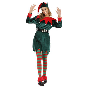 Costume d'elfe de Noël pour femme, collants rayés vert et rouge, tenue de fête fantaisie - Product Image 4