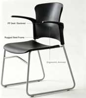 Chaise de conférence ergonomique moderne en plastique rembourré avec dossier incurvé et base en métal pour salles de réunion de bureau