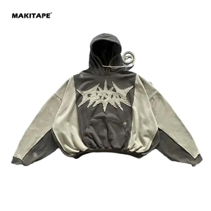 HG2016 Heavyweight <b>Drop</b> Shoulder Distressed Patch Applique Embroidery Pullover Vintage <b>Acid</b> Wash Hoodie for Men - Product Image 1