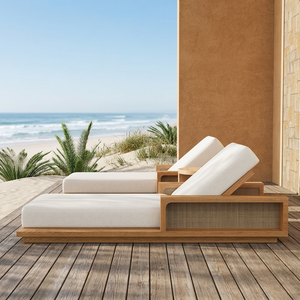 Chaise longue en teck moderne avec coussins en mousse, pour extérieur, bord de piscine, design contemporain, utilisation hôtel/villa - Product Image 2