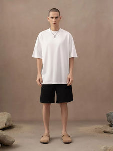 Camiseta Casual Extra Grande para Hombre RQ031, 100% Algodón, Cuello Redondo Simulado, Manga Corta, Hombros Caídos, Estilo Minimalista, Color Sólido - Product Image 5