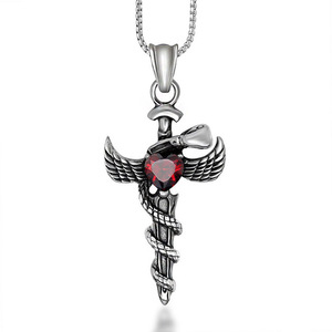 Angel Sword Pendant With Ruby Heart Wing Design <b>Titanium</b> Steel Necklace Charm SP504 - Product Image 1