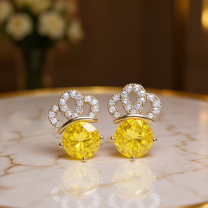 Orecchini a lobo E1968 con diamante giallo, in oro massiccio 18K, a forma di fiore, con citrino incastonato a griffe, gioielli di lusso da donna per matrimonio - Product Image 2