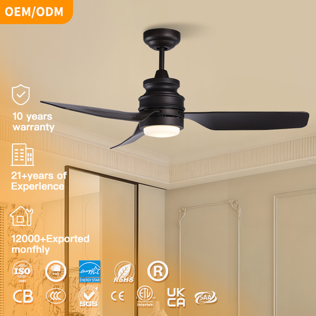 Modern Black AC Motor 52-Inch 3-Speed Smart Remote Control Ceiling Fan with LED Light Lower Noise for Living Room