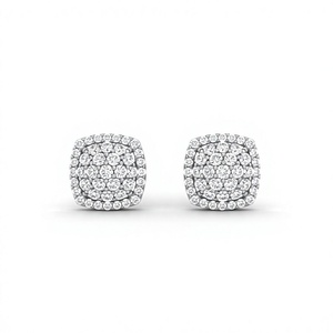 Boucles d'oreilles clous en forme de coussin, serties de diamants ronds en grappe, pavé halo, plaqué or 18k 14k, diamant de laboratoire, bijoux fins - Product Image 1