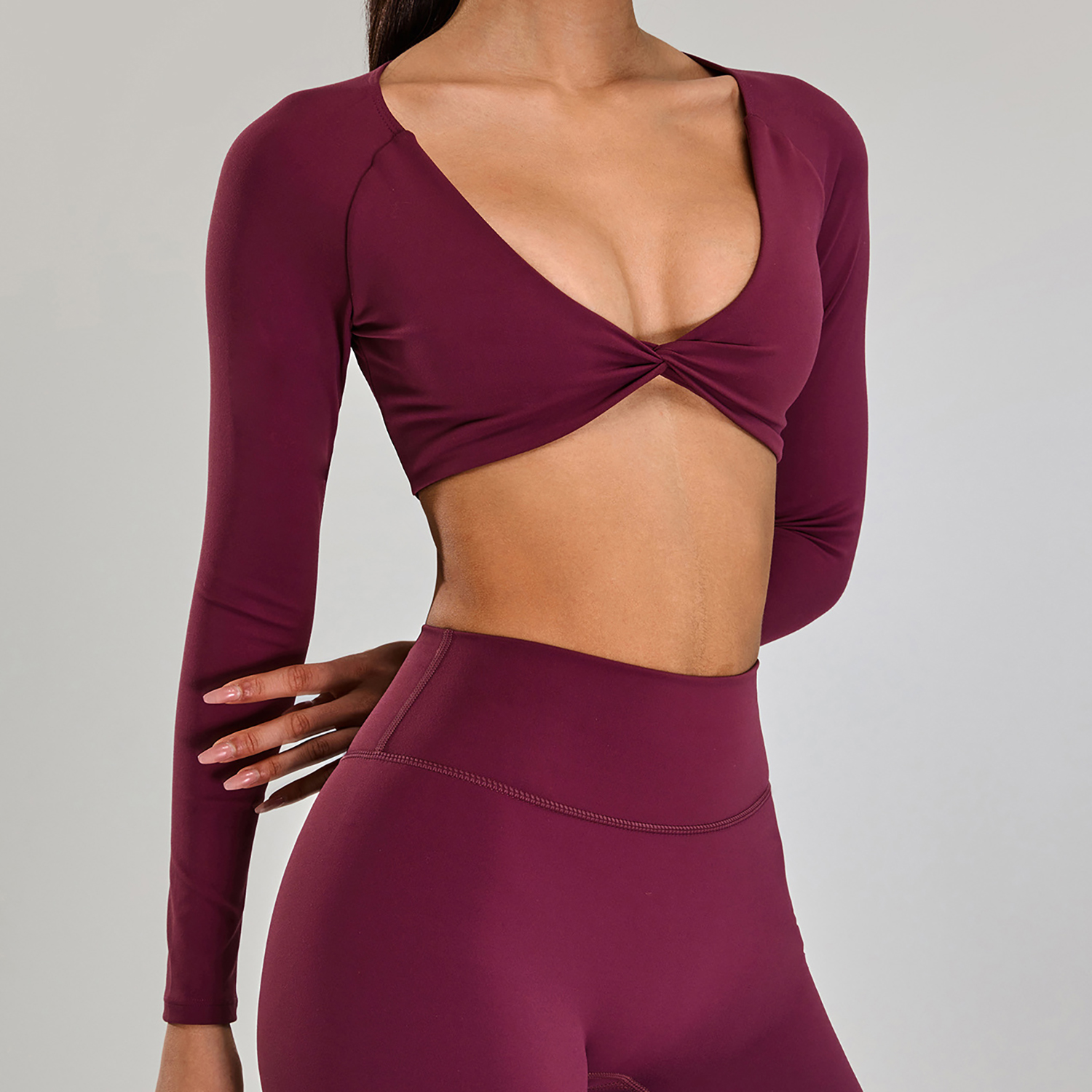 Front-Center Twist-Pleated Fashion Yoga Top Breathable Fitted T-Shirt Fitness Casual Quick-Dry Running Sports Long Sleeve