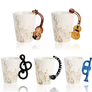 Copo musical para guitarra, caneca de café em forma de nota pintada à mão com alça para instrumento, clarinete, violino, piano, tambor, piano engraçado