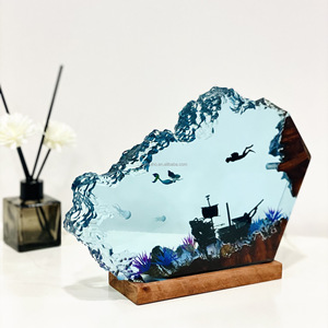 Lámpara de Madera Epoxi con Diseño de <span class=keywords><strong>Sirenita</strong></span> y Hombre Marino, Regalo Único con Temática de Buceo Libre, Luz Ambiental Decorativa para el Hogar, Lámpara Nocturna de Resina - Product Image 2