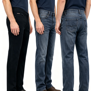 Jeans en denim tricoté chaud pour hommes, 5 poches, logo en cuir, taille élastique, coupe fuselée, pantalon de travail en denim, vente en gros - Product Image 5