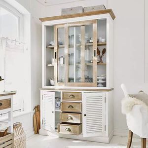 <span class=keywords><strong>Buffet</strong></span> de salon bicolore en bois avec portes coulissantes vitrées, 4 tiroirs et étagères à persiennes - Product Image 2