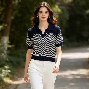 <strong>Women</strong> <strong>Navy</strong> White Pattern Type: Striped Knit <strong>Top</strong> Short Sleeve Collar: V-neck Hollow Out Casual Sweater - Product Image 4