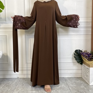 Solid Color Closed Lace Abaya Design <b>Maxi</b> Dress With Matching Floral Lace Sleeve and Front Zipper for Islamic Dubai Muslim Women - Product Image 4
