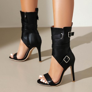 Black Genuine Leather Heeled Sandals Open High Heel Buckle Strap Ankle <b>Boots</b> Fashion Trend All Seasons - Product Image 1