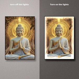 आधुनिक गोल्डन बुधा चित्र विलासिता हीरा मंदिर पृष्ठभूमि दीवार सजावट गर्म चमकदार एलईडी प्रकाश मुद्रित कागज समकालीन - Product Image 4