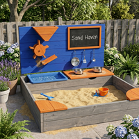 Bac à sable et cuisine de jeu 2-en-1 en bois pour enfants avec tableau noir et roue à sable, accessoires de cuisine pour l'extérieur