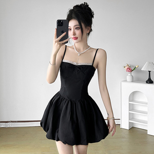 Women's Black Lace Trim <b>Spaghetti</b> <b>Strap</b> sweet Mini Dress, Bow Detail Corset Waist A-line Bubble Skirt - Product Image 5