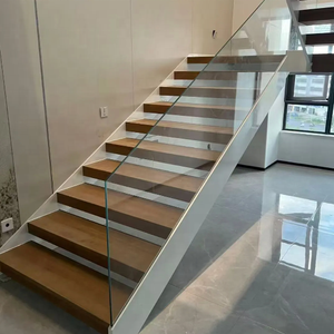 Escalier personnalisé à double poutre avec marches en bois, main courante et <span class=keywords><strong>balustrade</strong></span> en verre, escalier intérieur moderne - Product Image 1