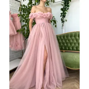 Custom Pink A-Line Lace Appliques Belt Off The Shoulder Wedding Dress Prom Evening Dress For Plus Size Women Bridesmaid Dress