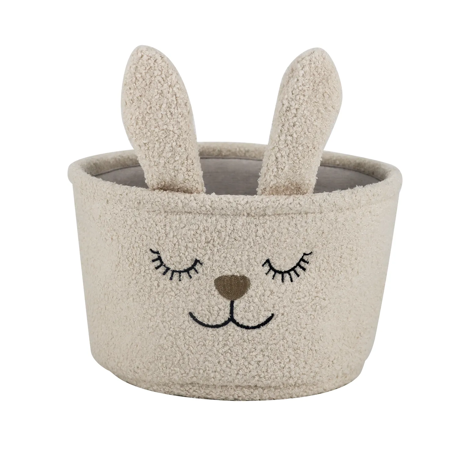 Popular Rabbit embroidery wool basket desktop storage round teddy velvet makeup box organizer beige