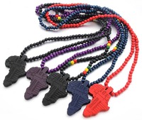 Vente chaude 8mm Bois Perlé Longue Chaîne Diamant Perle Incrusté Carte Africaine Pendentif Collier Religieux pour Mariage pour Femmes Hommes
