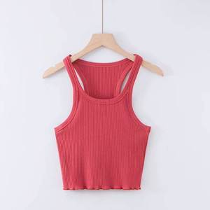 Nouveau corsage de couleur unie en <span class=keywords><strong>bois</strong></span>-oreille ourlet épaule étroite sans manches gilet pour les femmes broderie personnalisée tissu côtelé débardeur - Product Image 6