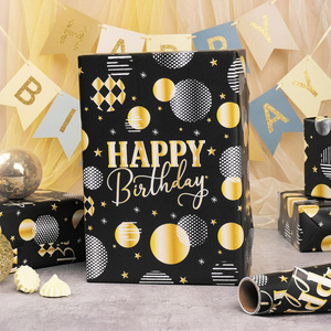 Happy Birthday Wrapping <b>Paper</b> <b>Roll</b> Gold Happy Birthday Lettering Gift <b>Wrap</b> <b>Paper</b> Print with Polka Dots Party Discoball - Product Image 1