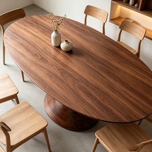 Set Tavolo da Pranzo Ovale Moderno Personalizzato in Impiallacciatura di Noce, Stile Minimalista in <span class=keywords><strong>Legno</strong></span> Massello, <span class=keywords><strong>Arredamento</strong></span> per <span class=keywords><strong>Soggiorno</strong></span> di Villa, 6 Posti, Durevole - Product Image 4
