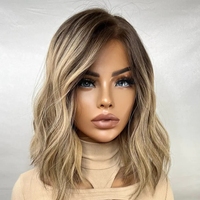 Wig rambut manusia Eropa asli dengan highlight warna pirang, model bob pendek bergelombang, ukuran 8-14 inci, wig lace front untuk wanita.