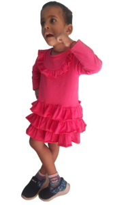 Vestido Infantil Zoya 2024, Hasta la Rodilla, Ecológico, de Mezclilla, con Diseño de Volantes en Capas, Color Magenta Viva, ODM - Product Image 2