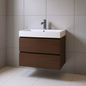 Modern Walnut Bathroom Vanity 24 Inch Wall Mounted With Ceramic Sink Pre Assembled Faucet Large Storage - Product Image 2