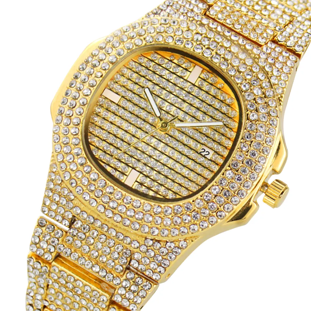 high end gold watches in dubai custom logo waterproof quartz bling bling Wrist Mens Diamond Watch